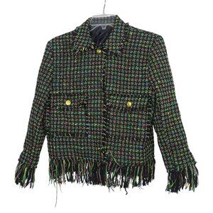 Black Multicolor Fringe Tweed Jacket Women Size M Long Sleeve Collared Work